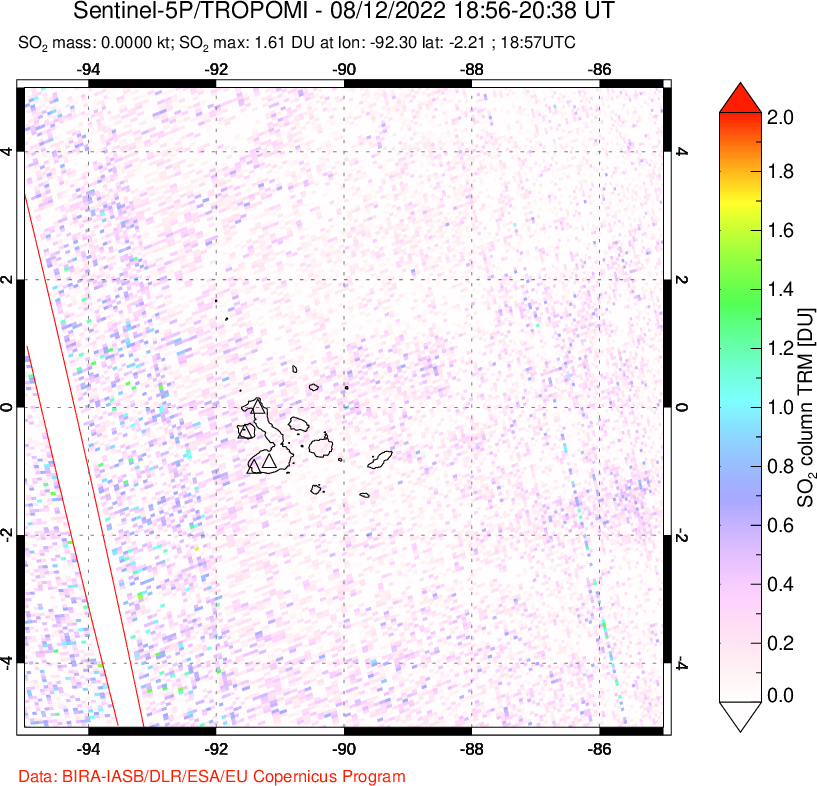 A sulfur dioxide image over Galápagos Islands on Aug 12, 2022.