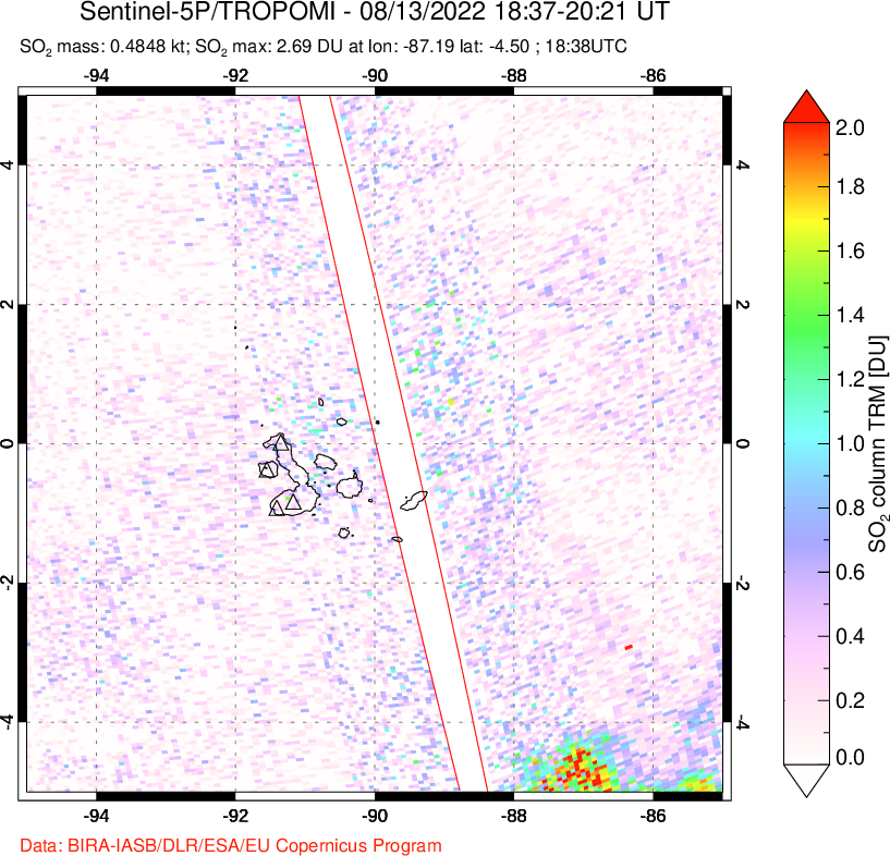 A sulfur dioxide image over Galápagos Islands on Aug 13, 2022.
