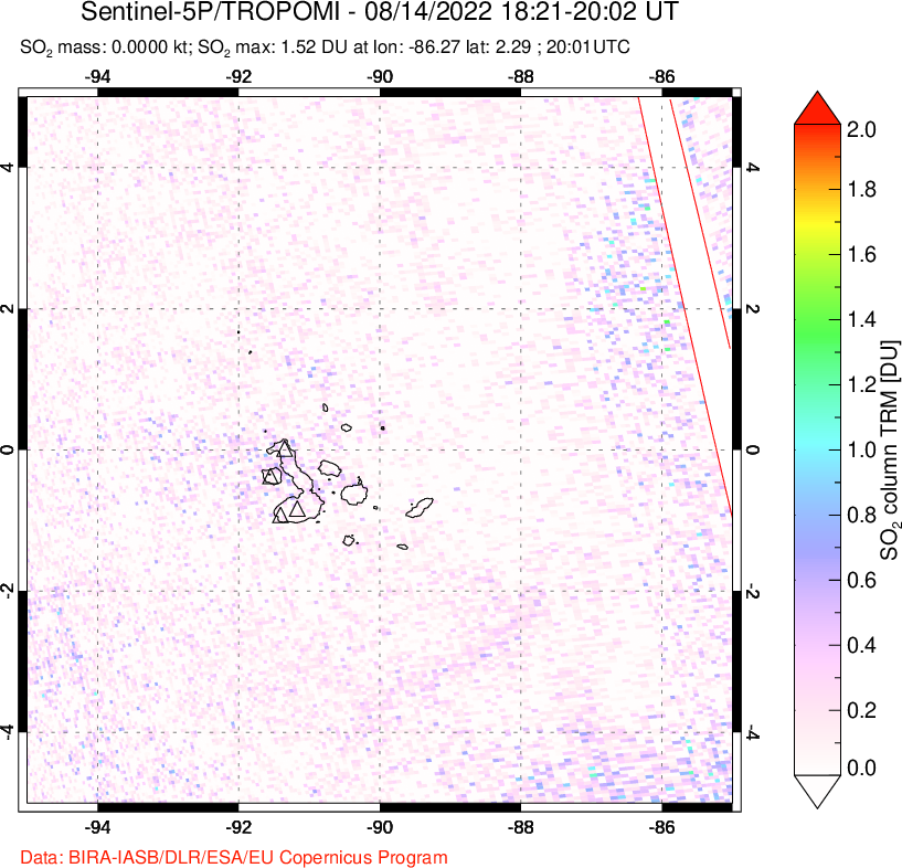 A sulfur dioxide image over Galápagos Islands on Aug 14, 2022.