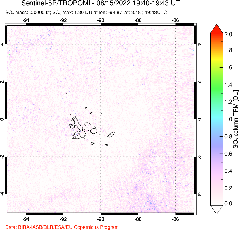 A sulfur dioxide image over Galápagos Islands on Aug 15, 2022.