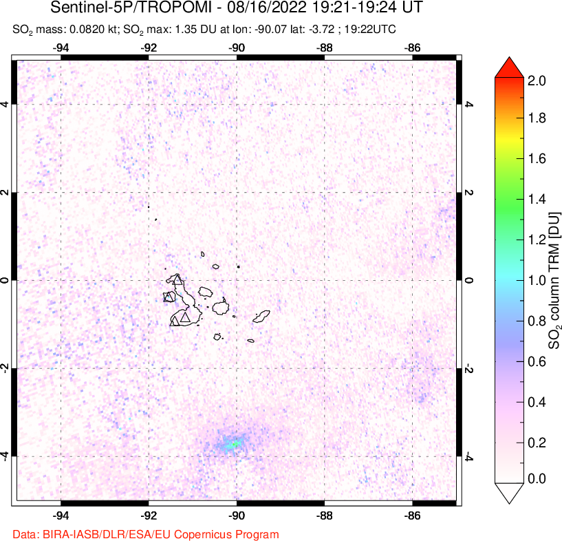 A sulfur dioxide image over Galápagos Islands on Aug 16, 2022.