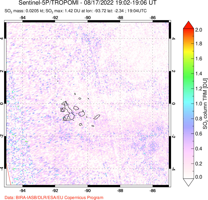 A sulfur dioxide image over Galápagos Islands on Aug 17, 2022.