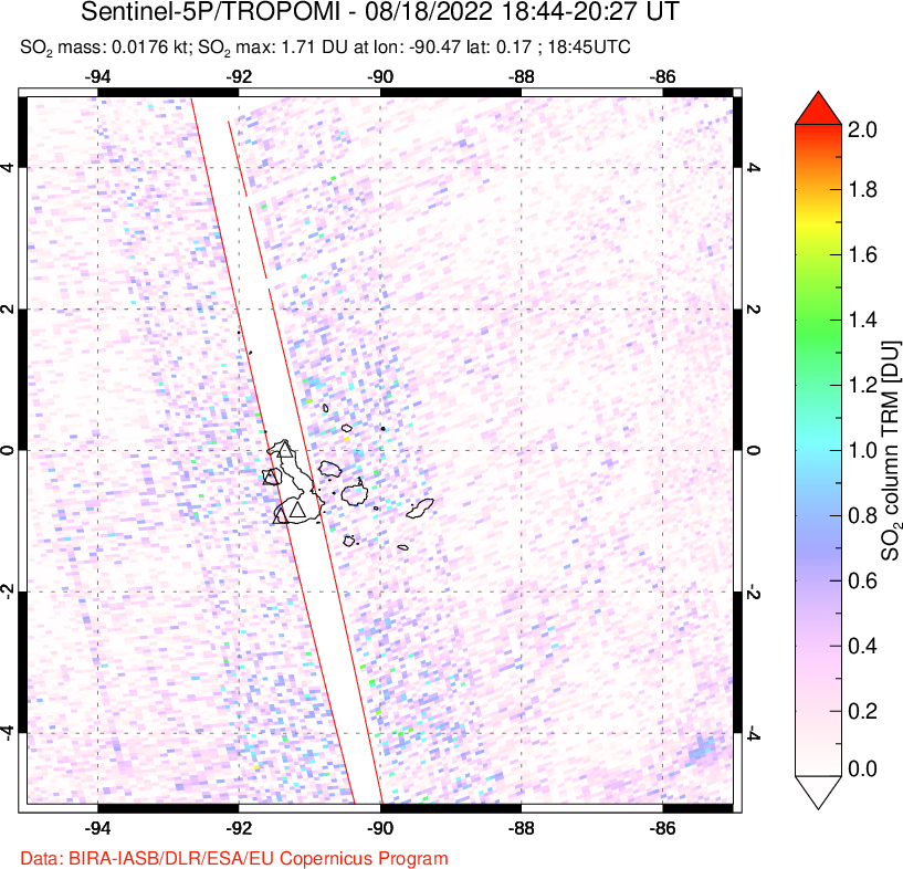 A sulfur dioxide image over Galápagos Islands on Aug 18, 2022.