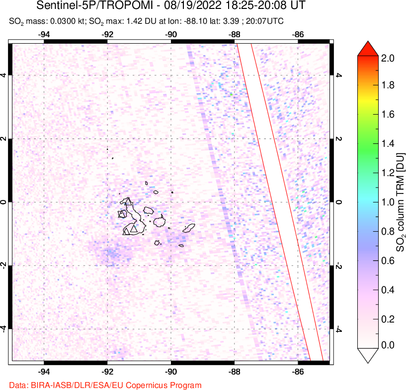 A sulfur dioxide image over Galápagos Islands on Aug 19, 2022.
