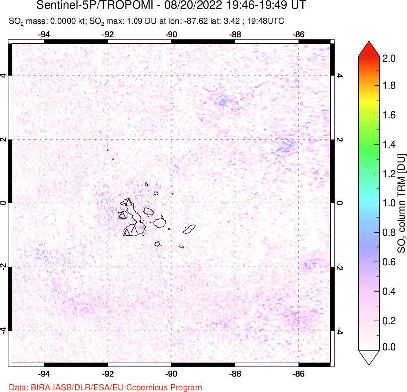 A sulfur dioxide image over Galápagos Islands on Aug 20, 2022.