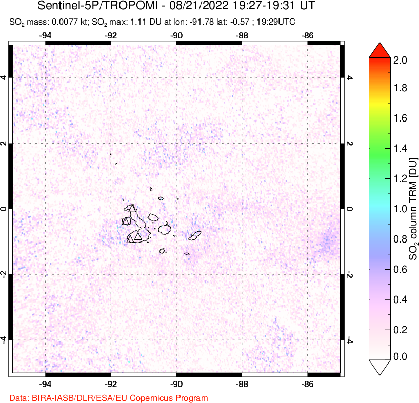 A sulfur dioxide image over Galápagos Islands on Aug 21, 2022.