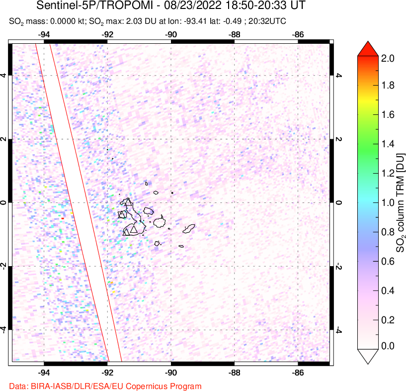 A sulfur dioxide image over Galápagos Islands on Aug 23, 2022.