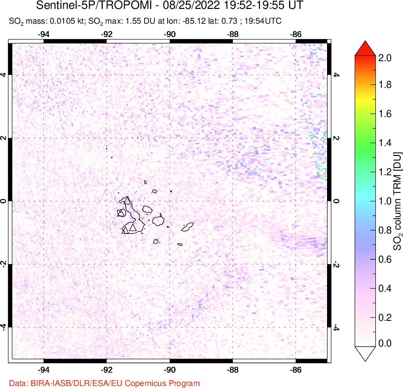 A sulfur dioxide image over Galápagos Islands on Aug 25, 2022.