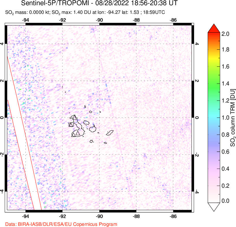 A sulfur dioxide image over Galápagos Islands on Aug 28, 2022.