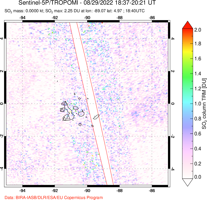 A sulfur dioxide image over Galápagos Islands on Aug 29, 2022.