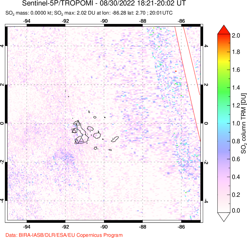 A sulfur dioxide image over Galápagos Islands on Aug 30, 2022.