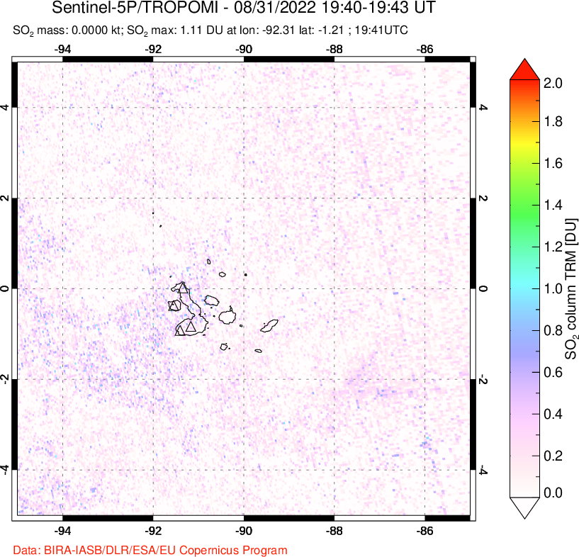 A sulfur dioxide image over Galápagos Islands on Aug 31, 2022.
