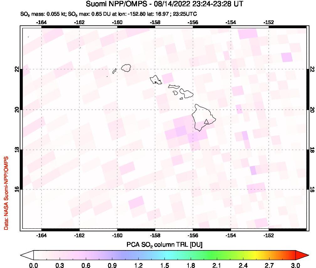 A sulfur dioxide image over Hawaii, USA on Aug 14, 2022.