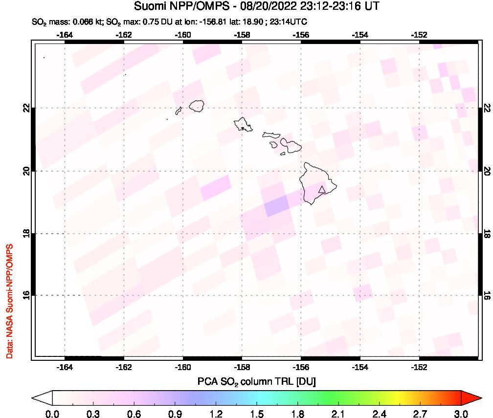 A sulfur dioxide image over Hawaii, USA on Aug 20, 2022.