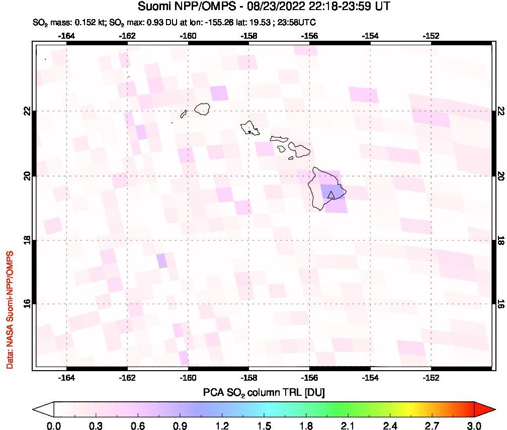 A sulfur dioxide image over Hawaii, USA on Aug 23, 2022.