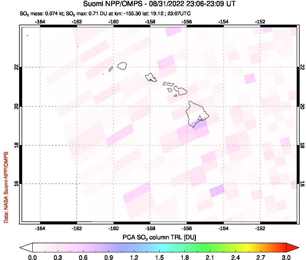 A sulfur dioxide image over Hawaii, USA on Aug 31, 2022.