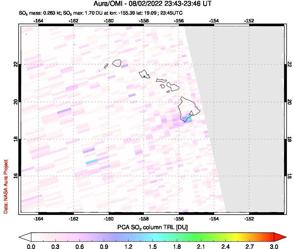 A sulfur dioxide image over Hawaii, USA on Aug 02, 2022.