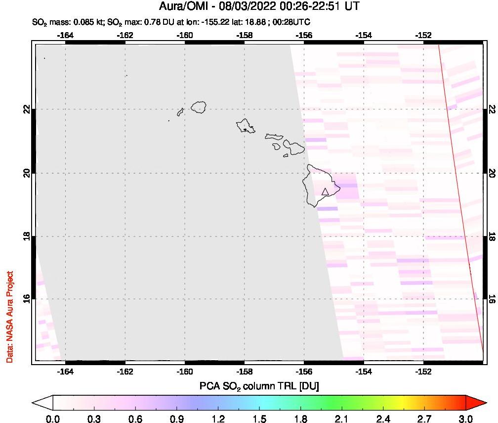 A sulfur dioxide image over Hawaii, USA on Aug 03, 2022.