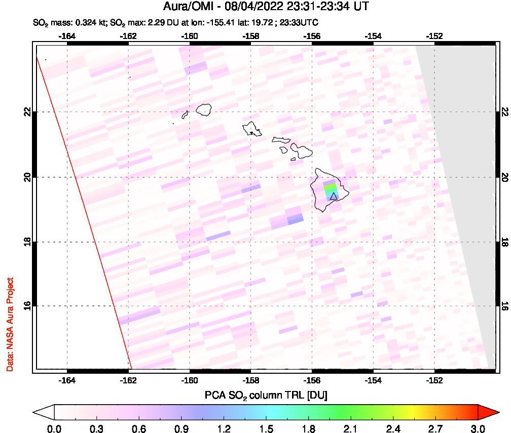 A sulfur dioxide image over Hawaii, USA on Aug 04, 2022.