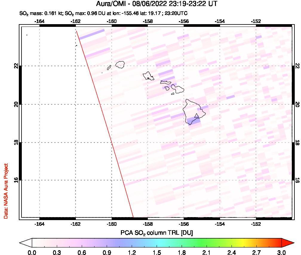 A sulfur dioxide image over Hawaii, USA on Aug 06, 2022.