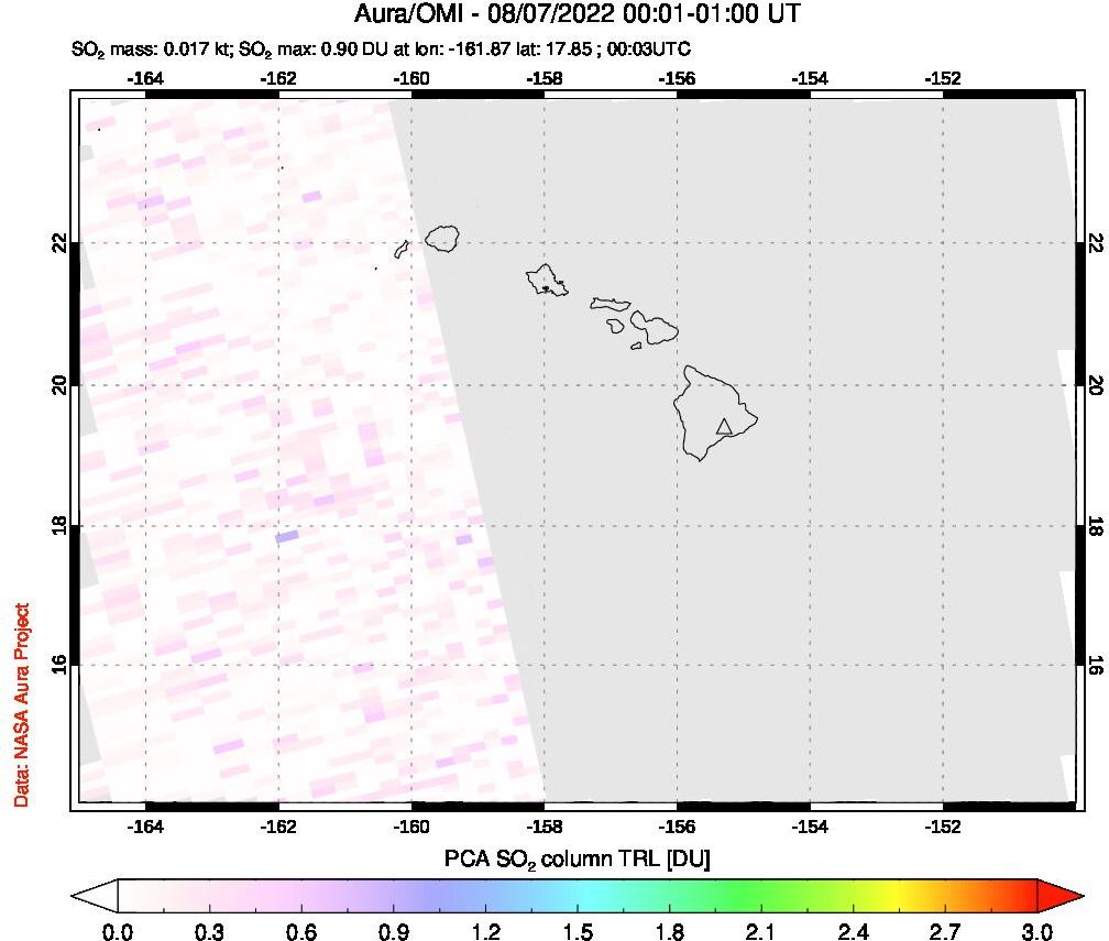 A sulfur dioxide image over Hawaii, USA on Aug 07, 2022.