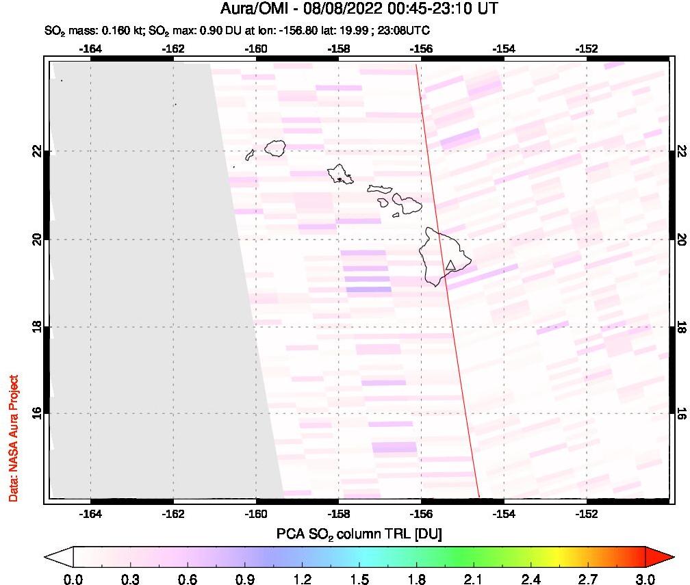 A sulfur dioxide image over Hawaii, USA on Aug 08, 2022.