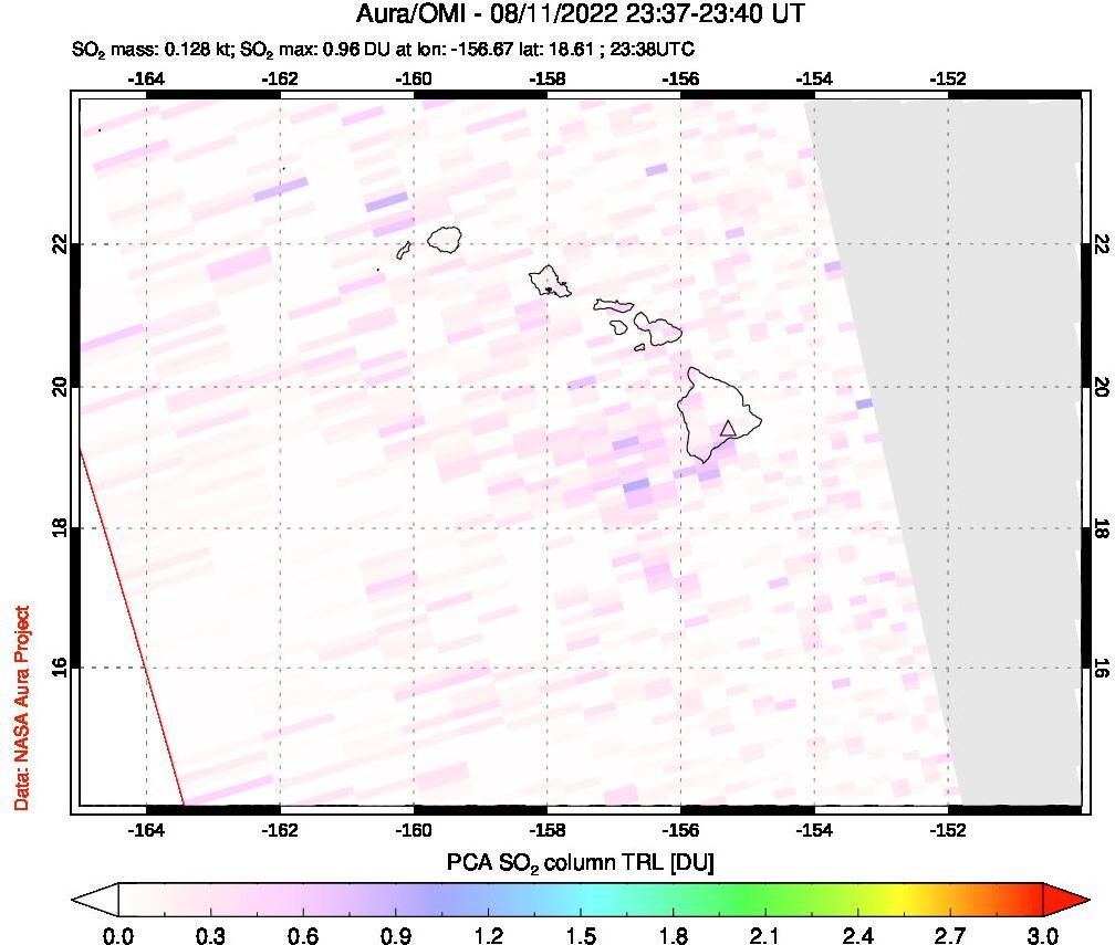 A sulfur dioxide image over Hawaii, USA on Aug 11, 2022.