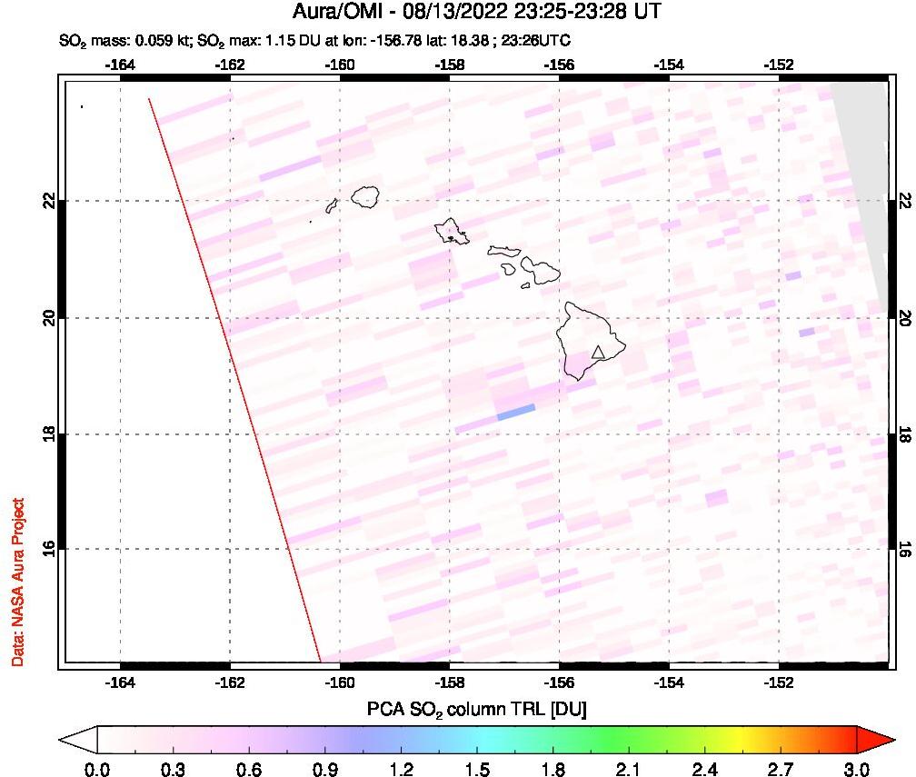 A sulfur dioxide image over Hawaii, USA on Aug 13, 2022.
