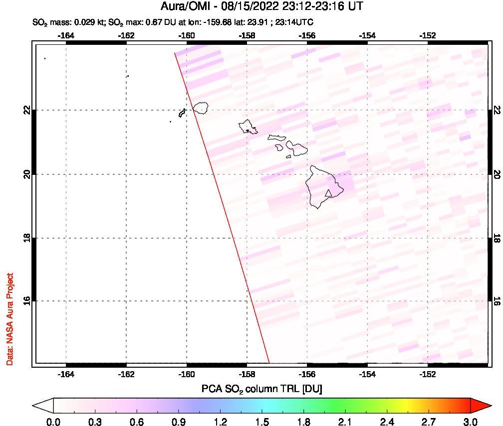 A sulfur dioxide image over Hawaii, USA on Aug 15, 2022.