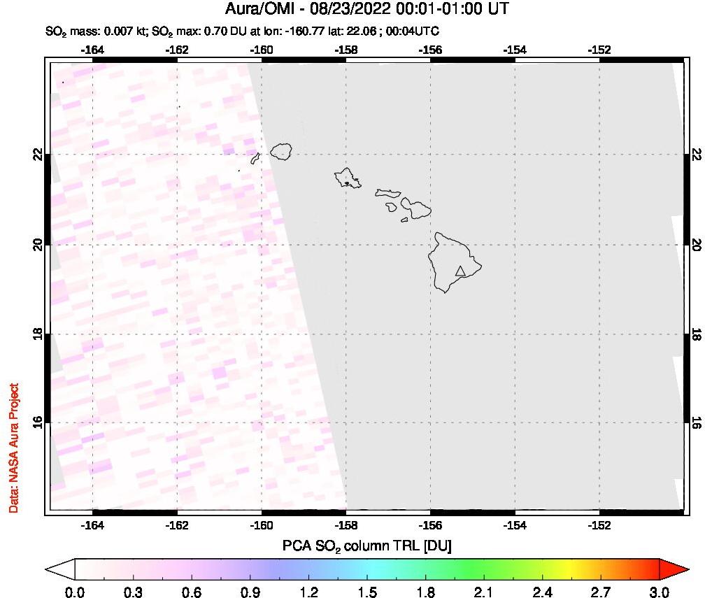 A sulfur dioxide image over Hawaii, USA on Aug 23, 2022.