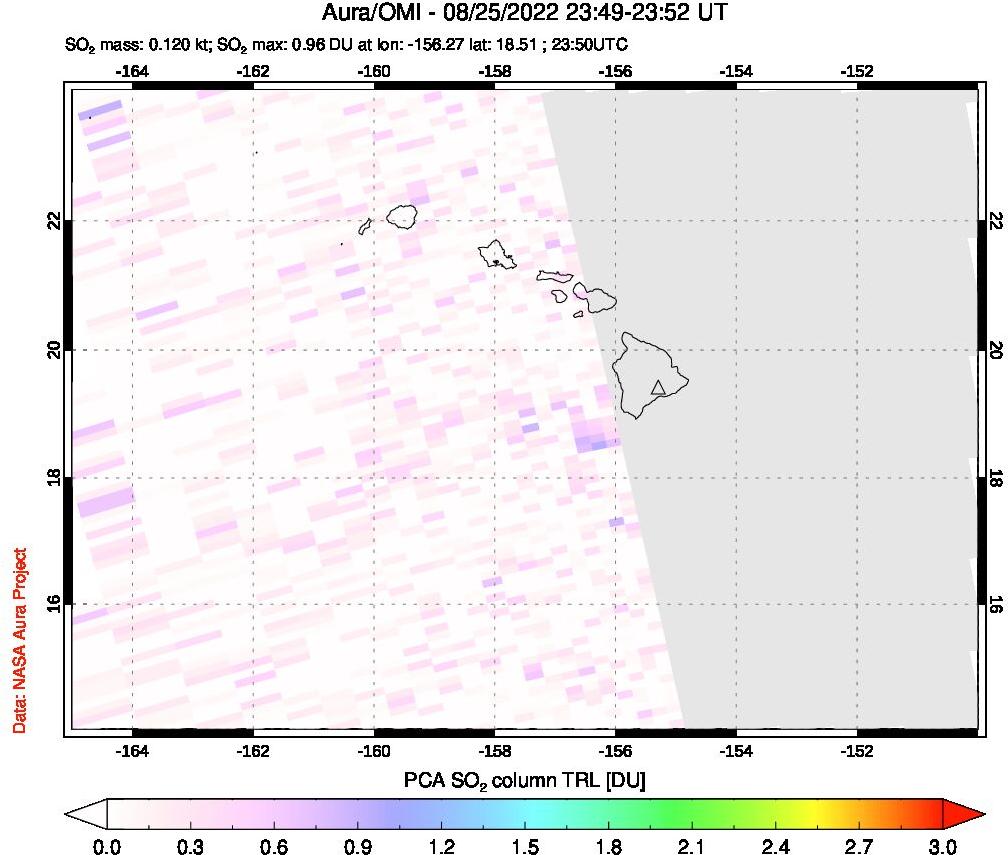A sulfur dioxide image over Hawaii, USA on Aug 25, 2022.