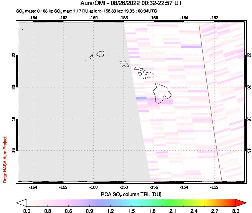 A sulfur dioxide image over Hawaii, USA on Aug 26, 2022.