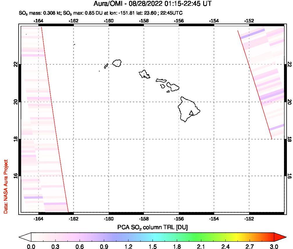 A sulfur dioxide image over Hawaii, USA on Aug 28, 2022.