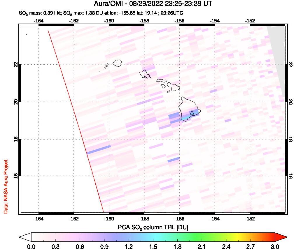 A sulfur dioxide image over Hawaii, USA on Aug 29, 2022.