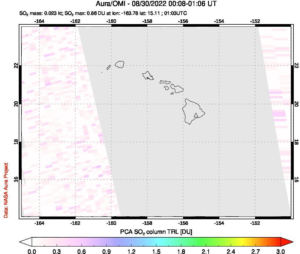A sulfur dioxide image over Hawaii, USA on Aug 30, 2022.