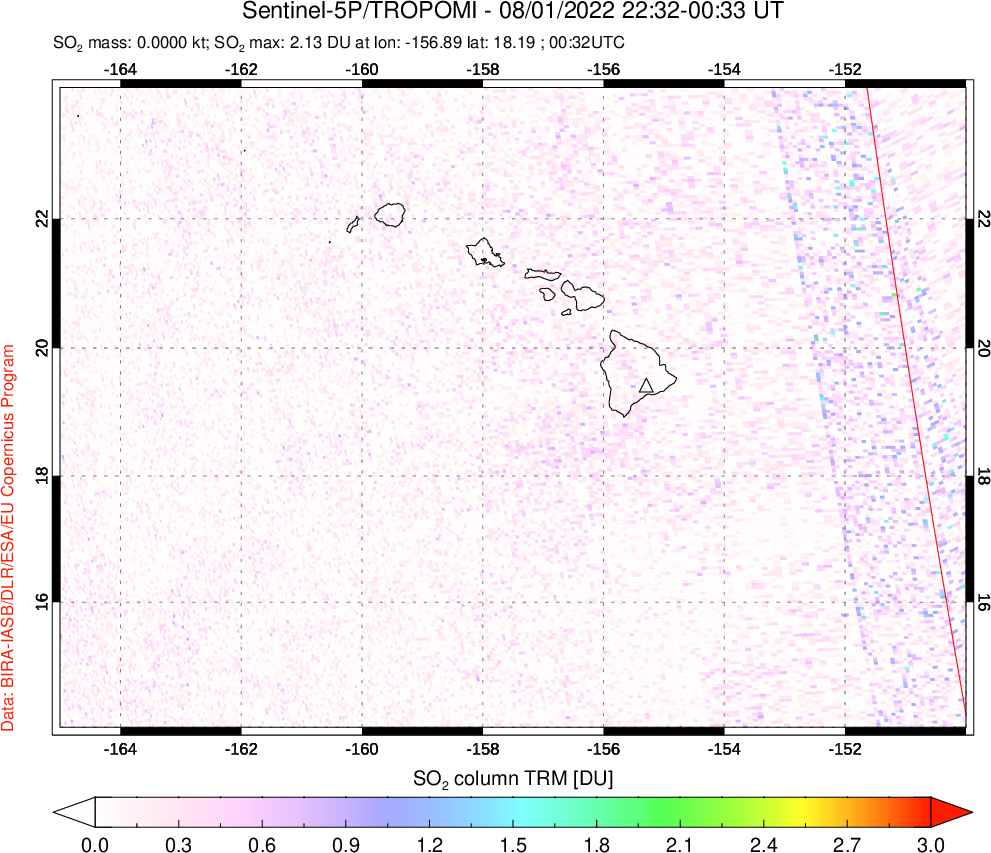 A sulfur dioxide image over Hawaii, USA on Aug 01, 2022.