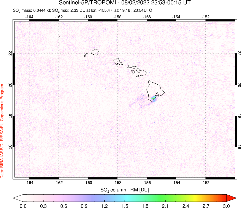 A sulfur dioxide image over Hawaii, USA on Aug 02, 2022.