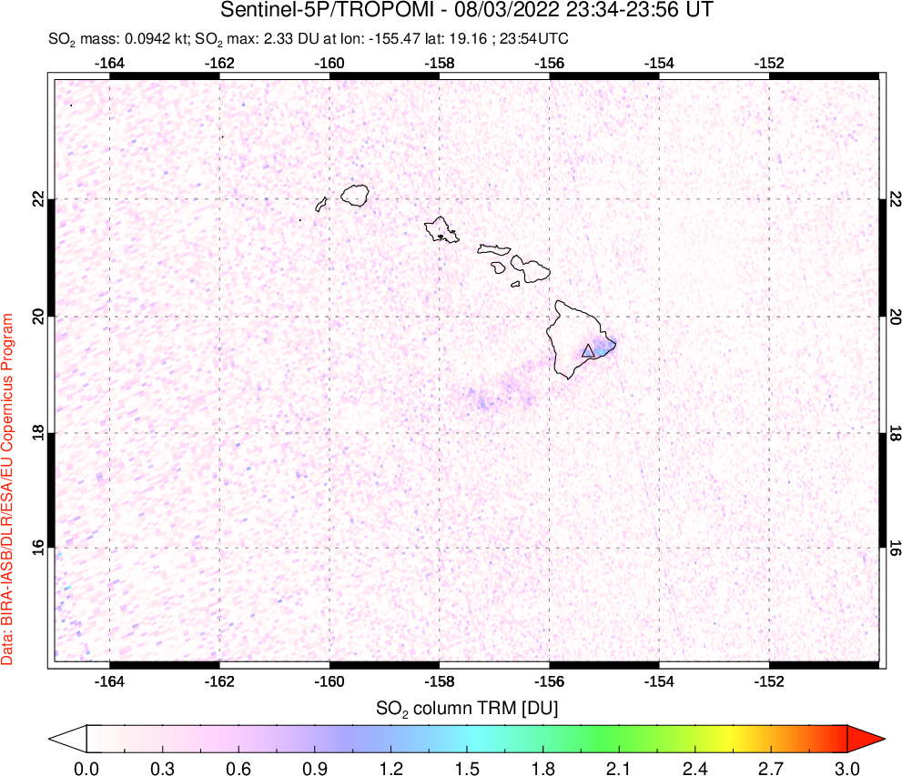 A sulfur dioxide image over Hawaii, USA on Aug 03, 2022.