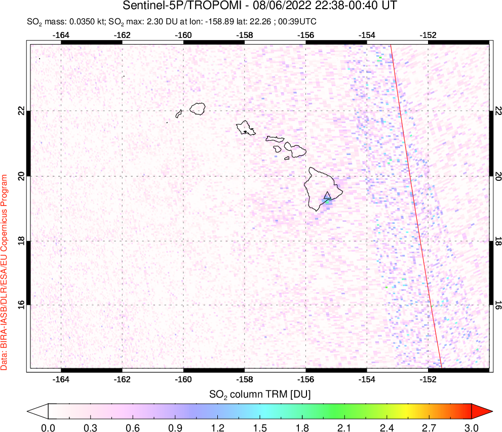 A sulfur dioxide image over Hawaii, USA on Aug 06, 2022.