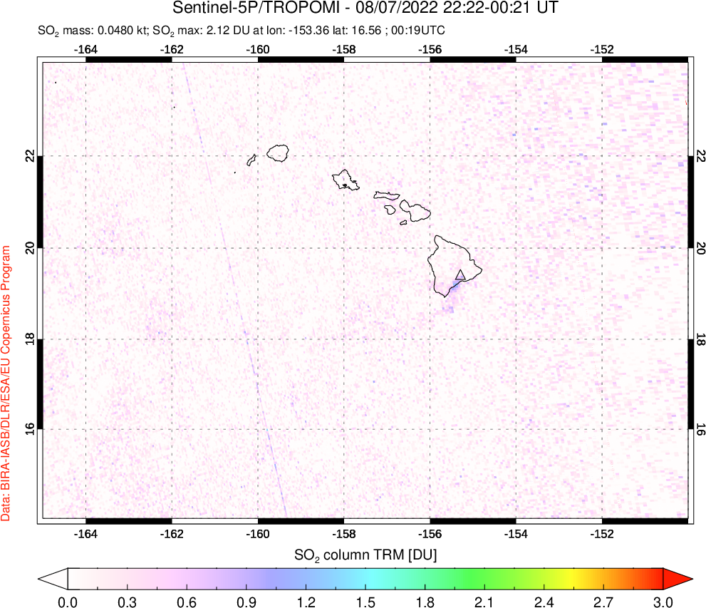 A sulfur dioxide image over Hawaii, USA on Aug 07, 2022.