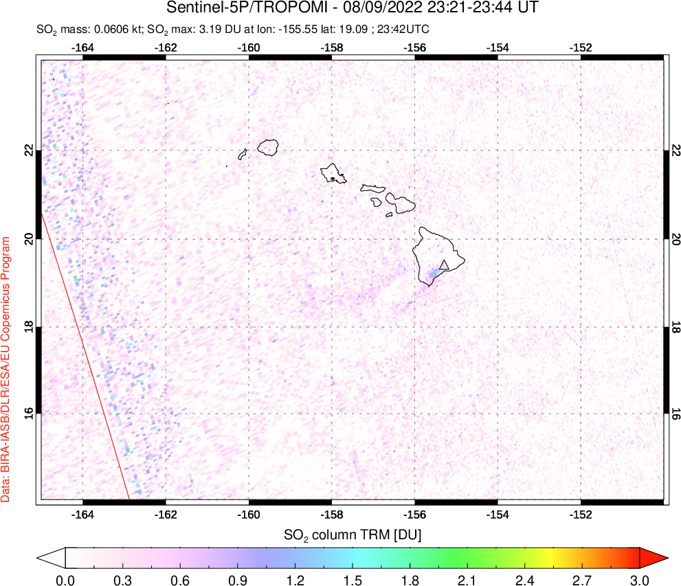 A sulfur dioxide image over Hawaii, USA on Aug 09, 2022.
