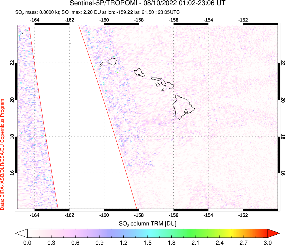 A sulfur dioxide image over Hawaii, USA on Aug 10, 2022.
