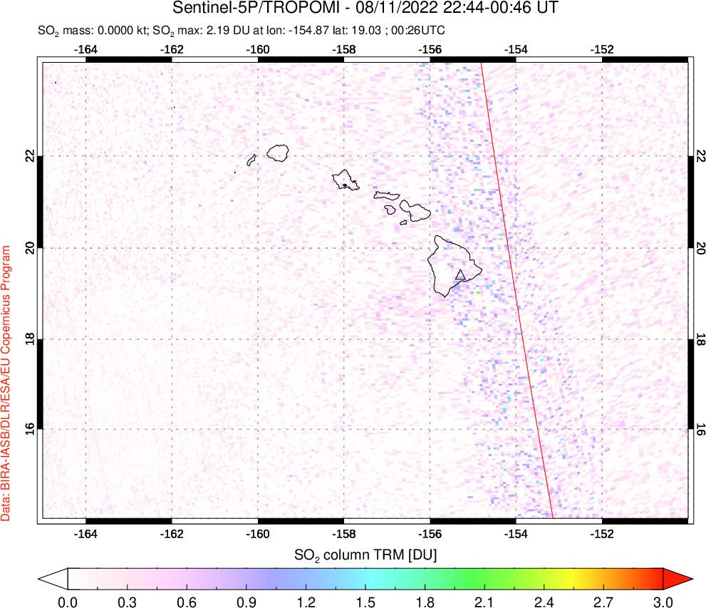 A sulfur dioxide image over Hawaii, USA on Aug 11, 2022.