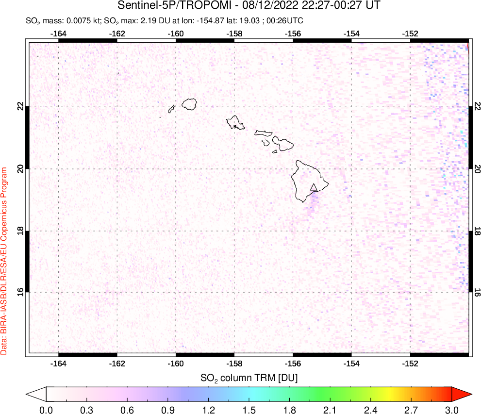 A sulfur dioxide image over Hawaii, USA on Aug 12, 2022.