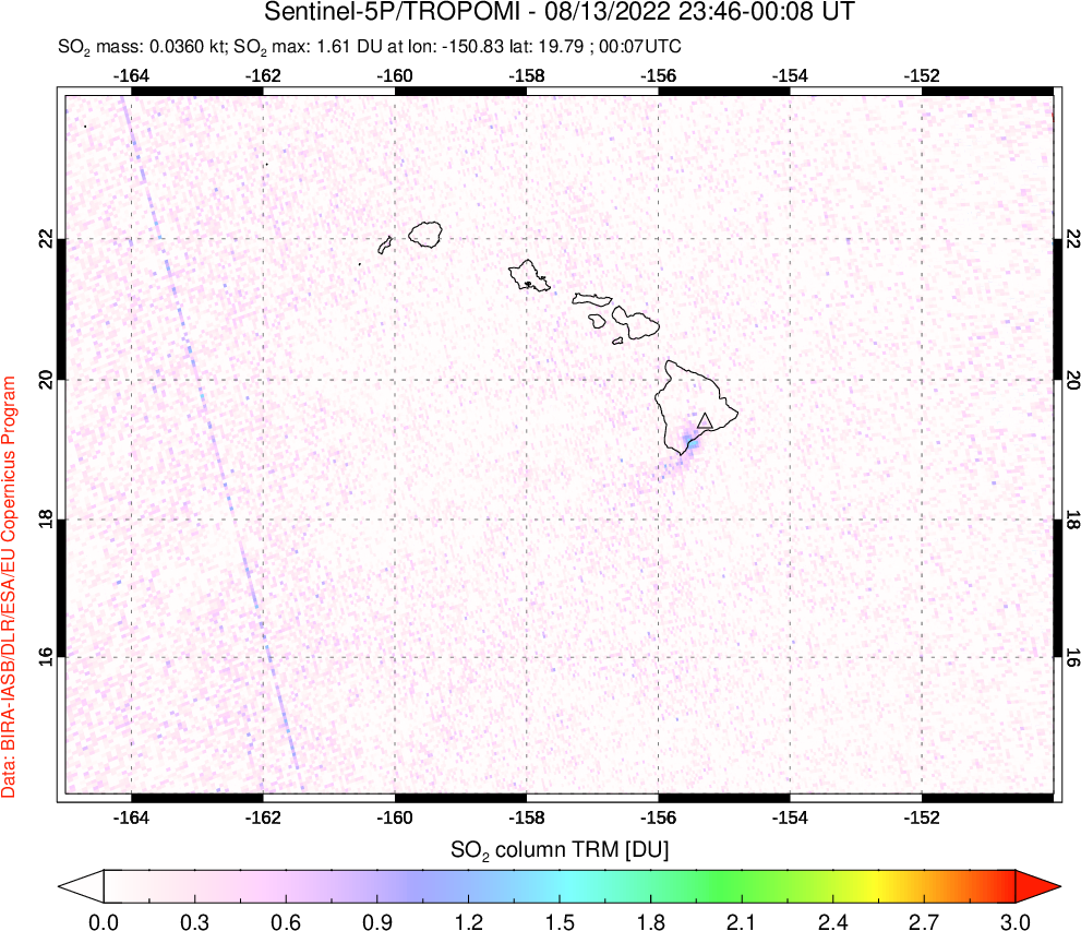 A sulfur dioxide image over Hawaii, USA on Aug 13, 2022.