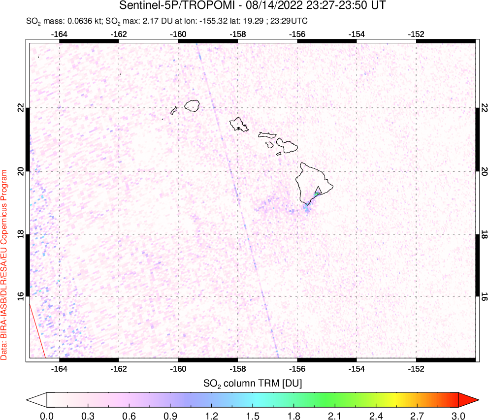 A sulfur dioxide image over Hawaii, USA on Aug 14, 2022.