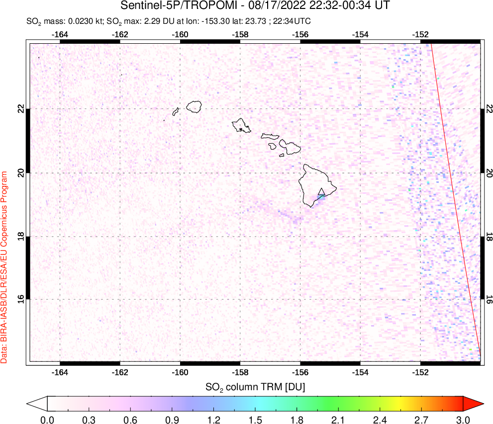 A sulfur dioxide image over Hawaii, USA on Aug 17, 2022.