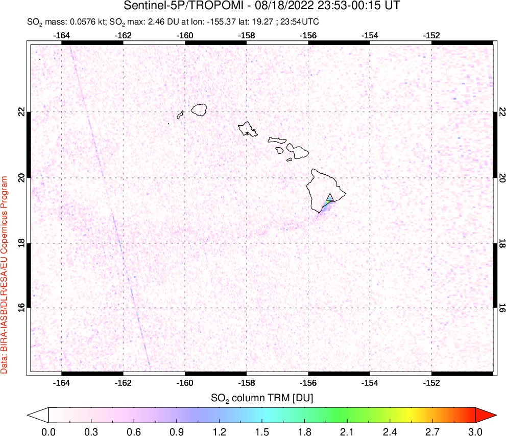 A sulfur dioxide image over Hawaii, USA on Aug 18, 2022.