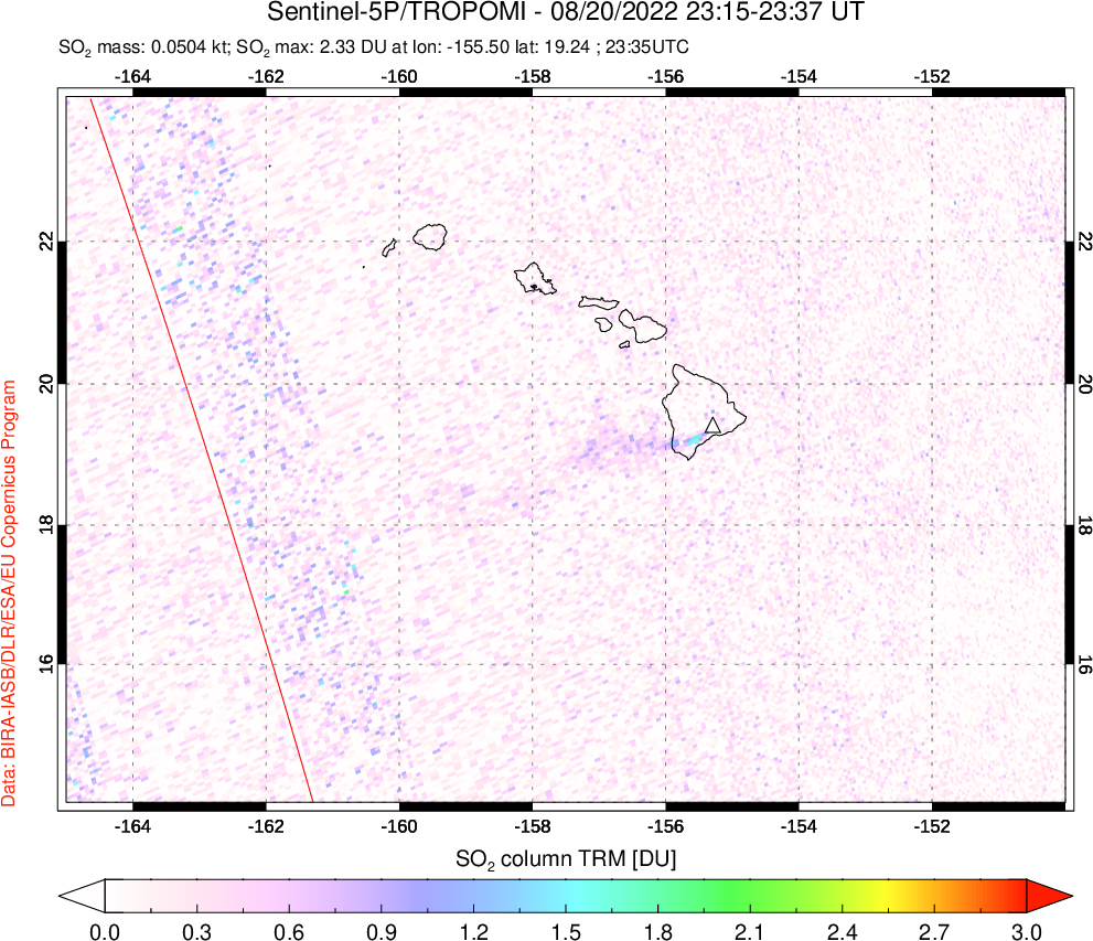 A sulfur dioxide image over Hawaii, USA on Aug 20, 2022.