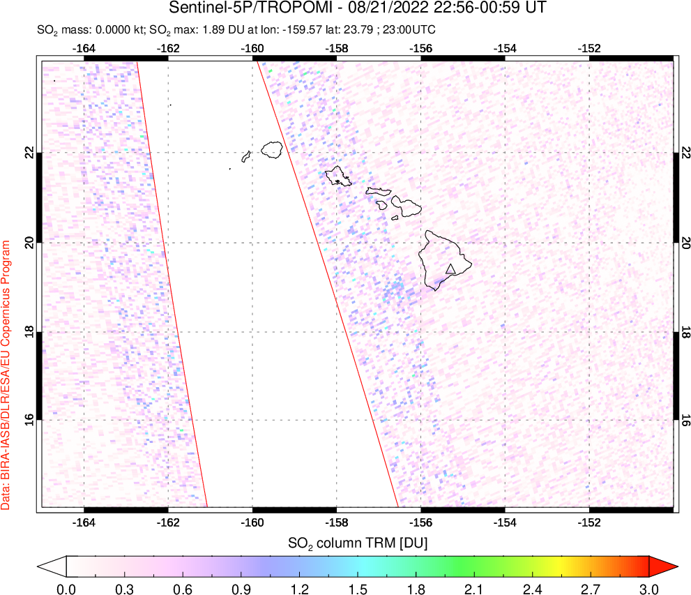 A sulfur dioxide image over Hawaii, USA on Aug 21, 2022.